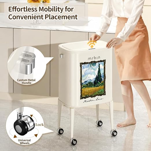 MRBIN Metal Motion Sensor Kitchen Trash Can with Wheel Legs, 36L / 9.5gal Medium Press Lid Slim Waste Basket, Pet Proof Tall Narrow Garbage Pail for Vanity, Living Room, Bathroom, Bedroom, Wheatfield