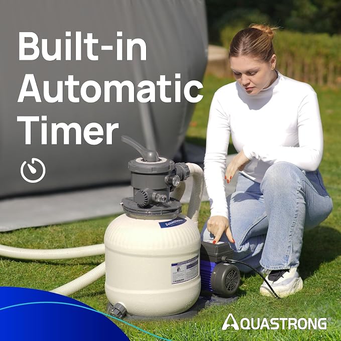 AQUASTRONG Sand Filter Pump for Above Ground Pool with Timer, 3/4 HP Pool Pumps Above Ground 3800 GPH for Pools up to 14000GAL, 12in Pool Filter with 6-Way Valve, Improved Circulation & Filtration