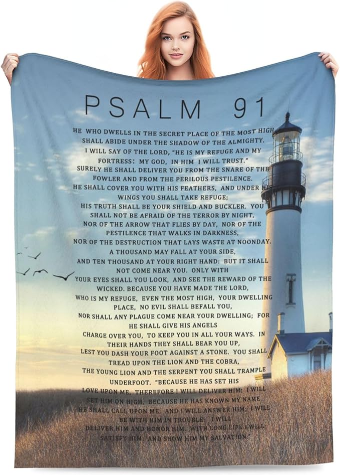 Psalm 91 Blanket Christian Lighthouse Gifts Religious Bible Verse Scripture Throw Blanket Comfy Plush Flannel Fleece Warm Soft Fluffy Fuzzy Blanket for Prayer Women Teens for Bed Sofa Couch 50"X60"
