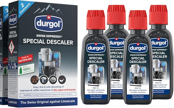 Durgol Swiss Espresso, Descaler and Decalcifier for All Brands of Espresso Machines and Coffee Makers, 4.2 Fluid Ounces (Pack of 4) Espresso Machine and Coffee Maker Cleaning Tablets, 10 ct
