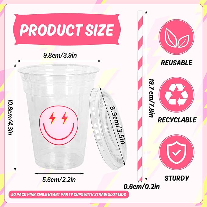 FYSUIMU 50Pcs Preppy Pink Smile Disposable Plastic Cups with Lids and Straws Lightning Smile Heart Checkered Cold Beverage Drinking Cups for Birthday Baby Shower Wedding