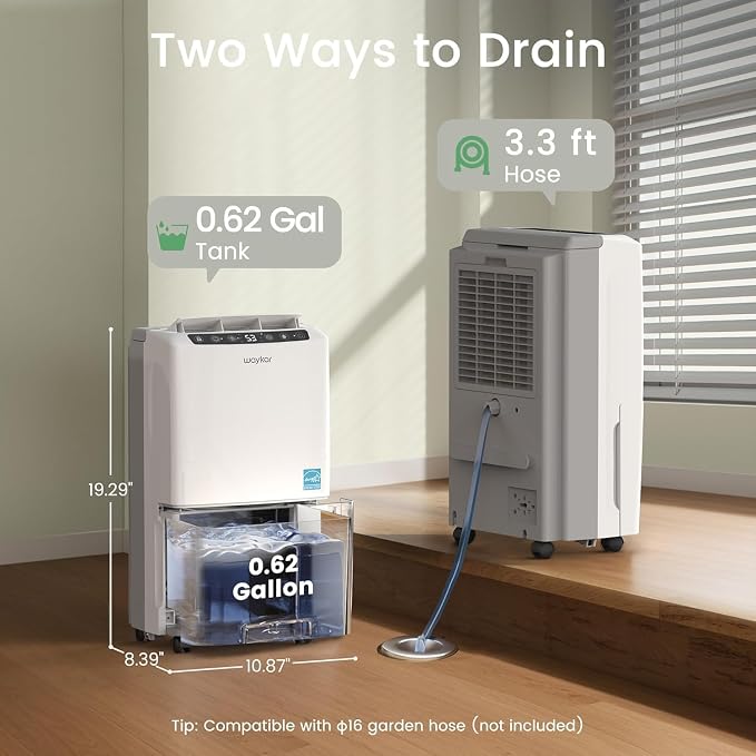 Waykar 2000 Sq. Ft 34 Pints 2025 Most Efficient Energy Star Dehumidifier for Home and Basement with Auto or Manual Drainage, 0.62 Gallon Water Tank Capacity