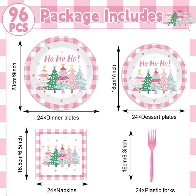 CHUNNIN 96Pcs Pink Christmas Trees Paper Plates and Napkins Xmas Watercolor Party Decorations Pink Xmas Trees Disposable Tableware Set for Kids Girls Winter Holiday Birthday Home Party Supplies