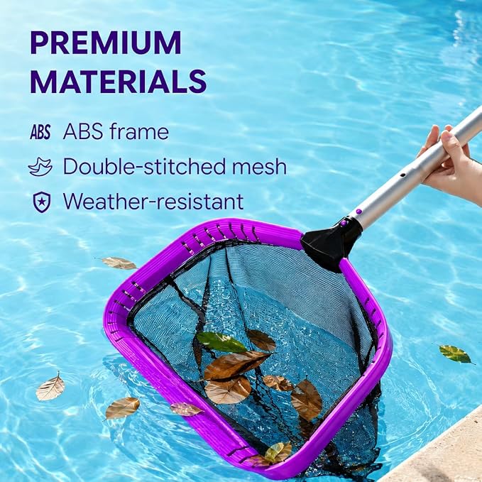 All-in-One Swimming Pool Cleaning Kit, Heavy Duty Deep Leaf Skimmer Net with Pool Brush Head, Adjustable Pole, Pool Cleaning Set for Inground/Above Ground Pools and Ponds, Purple