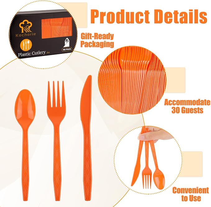 Kochorie 90 Pieces Thanksgiving Plastic Cutlery Set Disposable Orange Plastic Utensils Heavy Duty Flatware Set Includes 30 Knives 30 Forks 30 Spoons for Thanksgiving Party Wedding Birthday