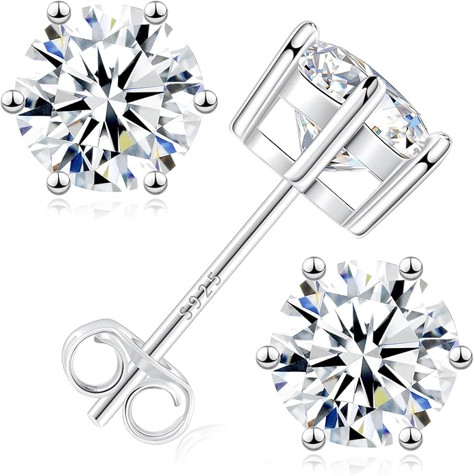 Moissanite Stud Earrings, 0.6–3.0ct Lab Created Diamond Earrings for Women & Men, D Color VVS1 Clarity, 925 Sterling Silver, 14K White Gold Plated, Hypoallergenic Solitaire Studs Jewelry Gift