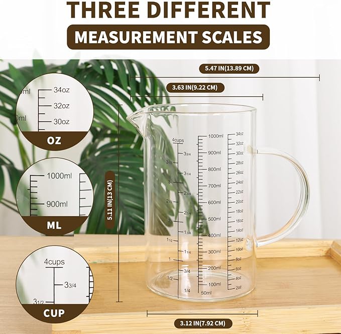 Glass Measuring Cup Set, 4-Cup/32oz (1000 ml) + 12oz (350 ml) Graduated Pitchers with Handle & Drip-Free Spout, Fine Mesh Strainer & Cleaning Brush for Liquid Measuring, Baking, Cold Brew