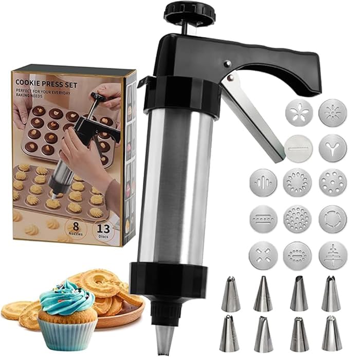 23-Piece Cookie Press Set,Cookie Press Gun Decorating Kit with 13 Stainless Steel Disksand 8 Piping Tips and Cleaning Brush,Holiday Baking and Everyday Treats, Essential Baking Supplies