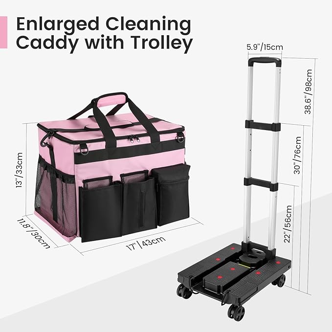 Housolution Extra Large Rolling Cleaning Caddy Bag with Detachable Trolley, Upgraded 360° Free Rotating with 5 Wheels and Dust-Proof Lid, Professional Cleaning Supplies Bag for Housekeepers, Pink