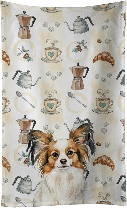 Caroline's Treasures White with Sable Papillon Coffee Bar Kitchen Towel Velour Plush Front and Cotton Loop Back Machine Washable