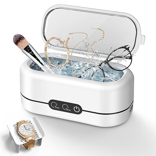Ultrasonic Jewelry Cleaner - 48KHz Ultrasonic Cleaner Machine for Jewelry, Eyeglasses, Rings, Necklaces, Watch Strap, Makeup Brush, Dual Cleaning Modes-Brilliant White