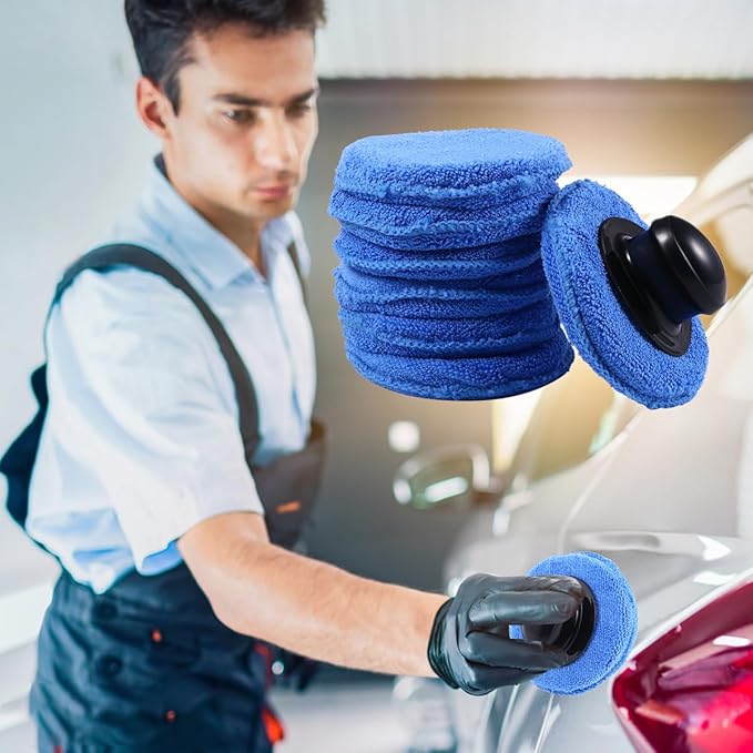 Garneck 7pcs Car Wax Applicator Pads Kit with 1pcs Handle 5'' Microfiber Soft Foam Waxing Pad with Grip Handle for Car Furniture Glass Boat Polishing Sanding Cleaning Blue