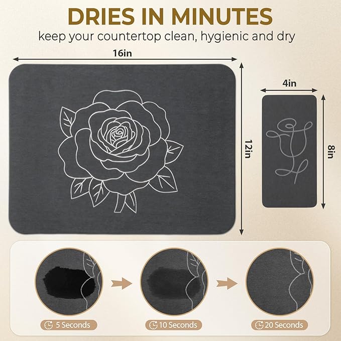 Stone Dish Drying Mat for Kitchen Counter, Glittery Resin Rose Pattern Quick Drying Mat, Water Absorbing Diatomaceous Pad for Plate Bottle Utensil Rack,Space Saving (Silver & Grey 16"×12" & 8"×4")