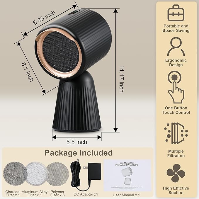 Portable Range Hood, Desktop Range Hood w/ 3 Wind Speed, One Button Control, Portable Kitchen Exhaust Fan with Detachable Filters, Kitchen Hood for Indoor BBQ, Hot Pot