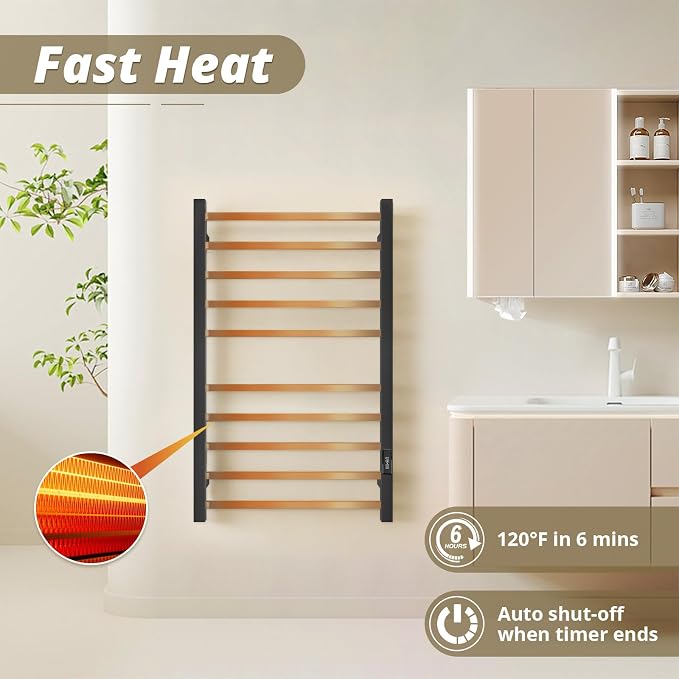 Towel Warmers for Bathroom, Heated Towel Rack Wall Mounted Large Racks, 10 Bar Hot Electric Rack, Stainless Steel, Built-in Timer, Plug-in, Fast Heating, Black