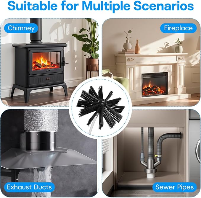 MAGICLULU Chimney Cleaning Brush Kit with 23 Flexible Rods and 2 Brush Heads Multipurpose Dryer Vent and Fireplace Duct Cleaner Hexagonal Adapter Included 6X6X2.16 Inch Compact Set