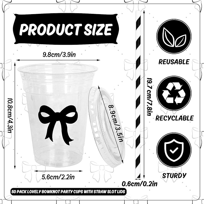 Whaline 50 Pcs Black Bow Disposable Plastic Cups with Lids and Straws 12 Oz Elegant Bow Knot Cold Beverage Drinking Cups for Wedding Birthday Bridal Baby Shower Party Supplies