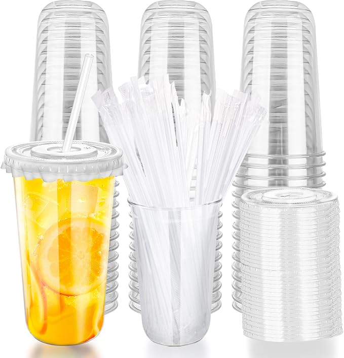 20oz Disposable Stemless Glasses with Flat Lids and Straws,PET Disposable Drinking Cups,Clear Plastic Wine Glasses for Parties Birthday,Wedding,Meeting,Christmas Party Supplies. (50, Transparent)