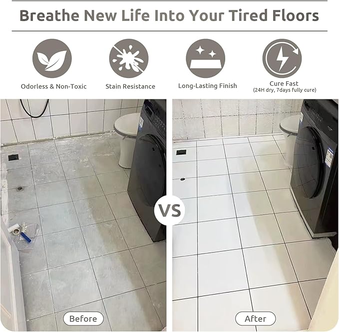 All-In-One Interior Floor Coating Kit, Water-based & Low Odor One-Step Floor Paint, High Hardness Waterproof Paint for Ceramic, Porcelain, Fiberglass, Hardwood, Laminate, Vinyl, 35OZ, White