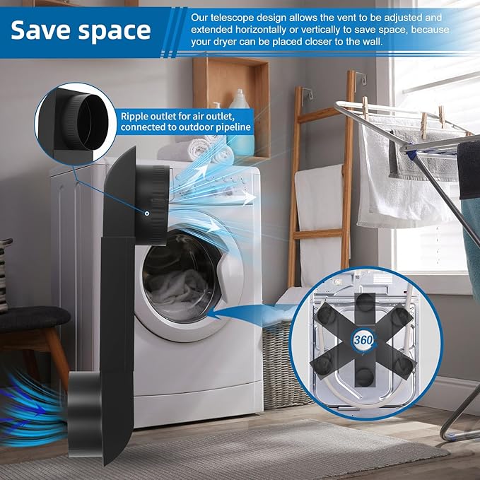 Periscope Dryer Vent, 6.5" to 12" Two Fixed Sizes, Stainless Steel Flat Slim Duct with Black Coating, Vent Kit for Tight Space, Includes 4" Adapter&Foil Tape 2 adjustable fixing clamps,OEM Upgraded