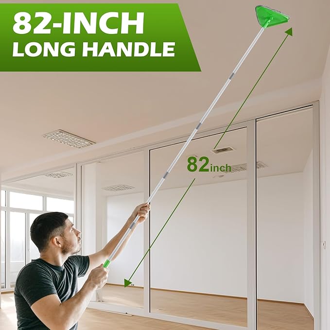 Wall Cleaner Triangle Mop with 82'' Long Handle - Wall Scrubber, Cleaning Washer Tool with 4 Microfiber Chenille Duster Pads for Clean Walls, Ceiling, Windows, Baseboards, Floors (Green, 6 Pads)