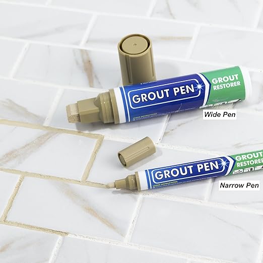 Grout Pen Tile Paint Marker: Beige 1 Pack and 2 Pack White with Extra Tips (Narrow, 5mm) - Waterproof Tile Grout Colorant Marker for Cleaner Looking Floors & Whitener Without Bleach
