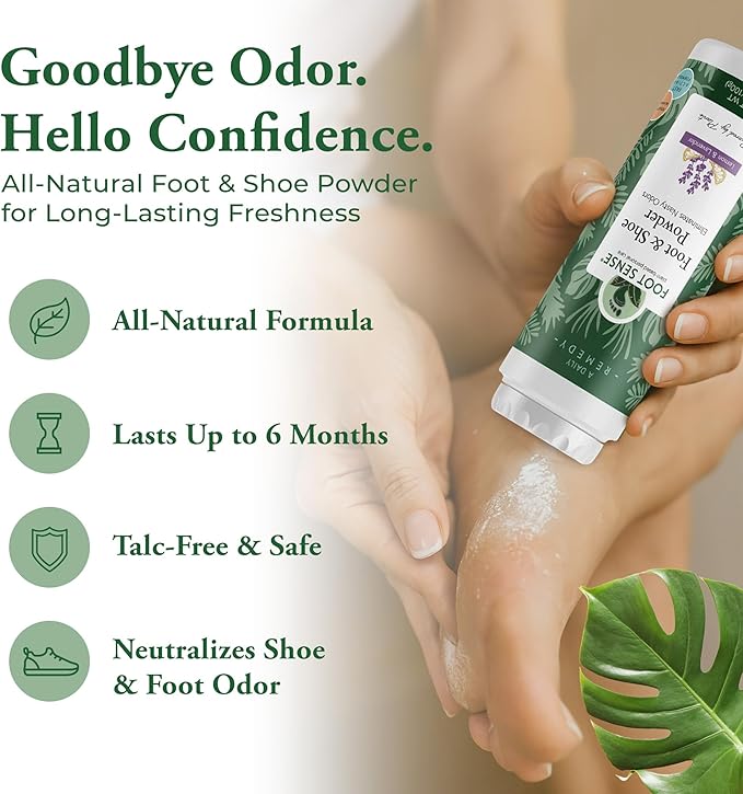FOOT SENSE All Natural Foot & Shoe Powder, Foot Odor Eliminator for Long-Lasting Odor Control Lasts up to 6 Months, Deodorizes, Safe for Men, Women, Kids, Athletes, 100g