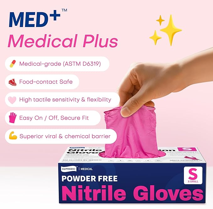 Supmedic Nitrile Exam Gloves, 4 Mil 1000 Ct, Powder-Free Latex-Free Cooking Food-Safe Disposable Medical Gloves, Rose Orchid