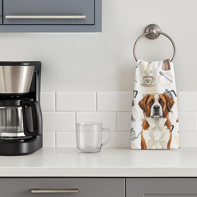 Caroline's Treasures Brown and White Saint Bernard Coffee Bar Kitchen Towel Velour Plush Front and Cotton Loop Back Machine Washable