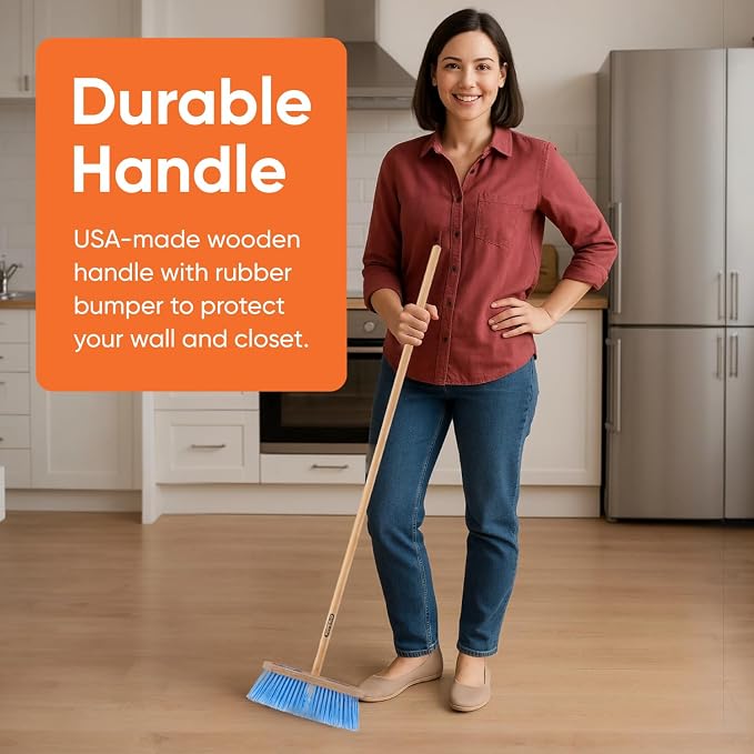 Superio Kitchen Broom - USA Wood Handle, Fine Premium Blue Bristles - Heavy Duty Household Broom - Easy Swiping Dust and Wisp, Home, Kitchen, Lobby, Floors and Corners.
