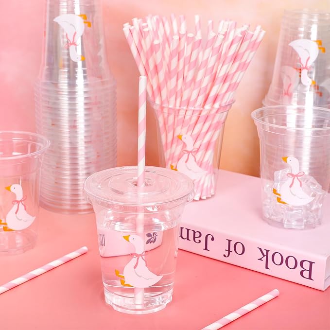 Whaline 50 Pcs One Silly Goose Disposable Plastic Cups with Lids and Straws 12 Oz Cute Pink Bow Goose Cold Beverage Drinking Cups for First Birthday Baby Shower Party Supplies