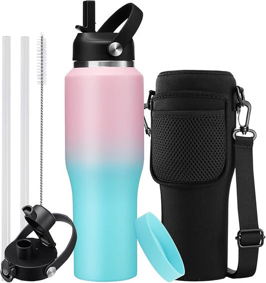 Stainless Steel Water-Bottles Fits in Cup Holder - 40 oz Water Bottle with Straw & Sleeve, Keeps Cold 48h/Hot 24h, Tumbler with Handle for Women & Men
