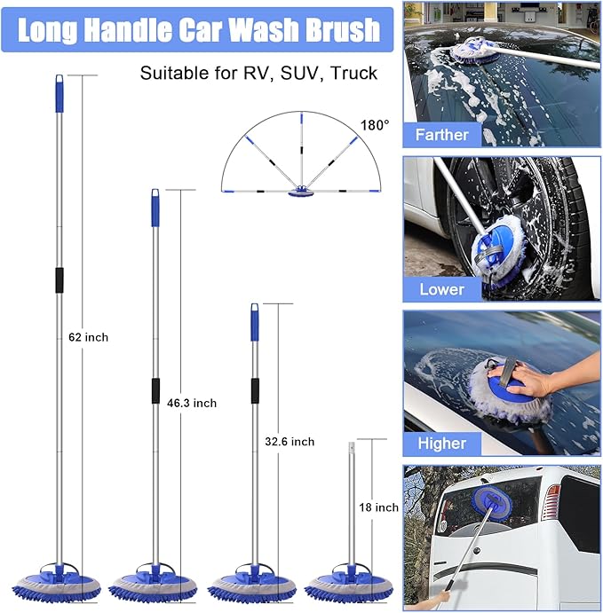 anngrowy 62" Microfiber Car Wash Brush with Long Handle, Car Washing Blue Set Mitt, Sponge, Car Cleaning Supplies Kit, Duster, Car Brush Accessories