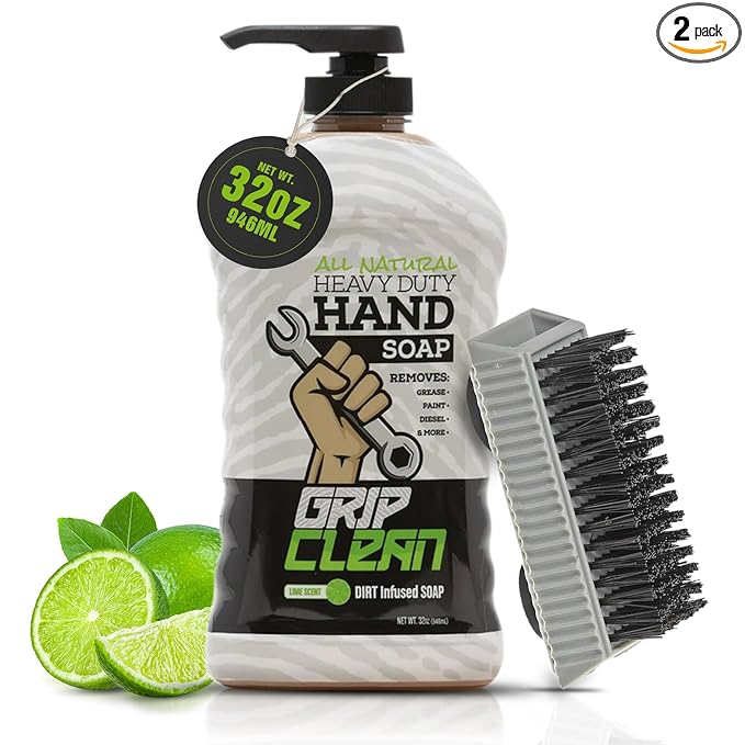 Grip Clean Heavy-Duty Hand Cleaner for Mechanics with Nail Brush - Moisturizing Coconut Oil Hand Cleaner Liquid Hand Soap with Stiff Bristle Nail Brush, Lime Scent - 32 Fl Oz Pump Top + Brush