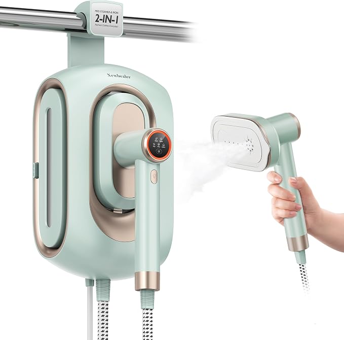 Newbealer 2In1 Pro Station Iron, 1550W Turbo Steam, 1.2L Tank (Green) | Hanging Garment Steamer, 3-Level Steam & 3 Dry Ironing, 30s Heat Up, Self Clean, Auto-Off, Versatile for Home/Hotel/Boutique