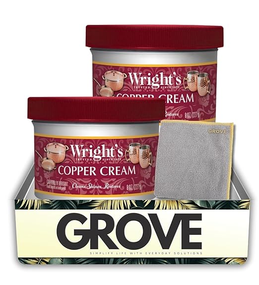 2x Wright's Mild Scent Copper Cleaner 8 oz Cream Bundle with Microfiber Auto Cleaning Cloth – Removes discoloration and restores shine on copper cookware and decor – Gift Set (3 Items)