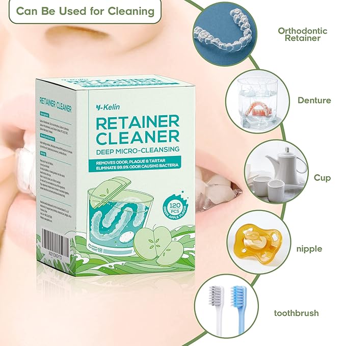 YKL Retainer Cleaner & Denture Cleaning Tablets for Mouth Guard Cleaner, Fresh Apple Flavor (120 Count）