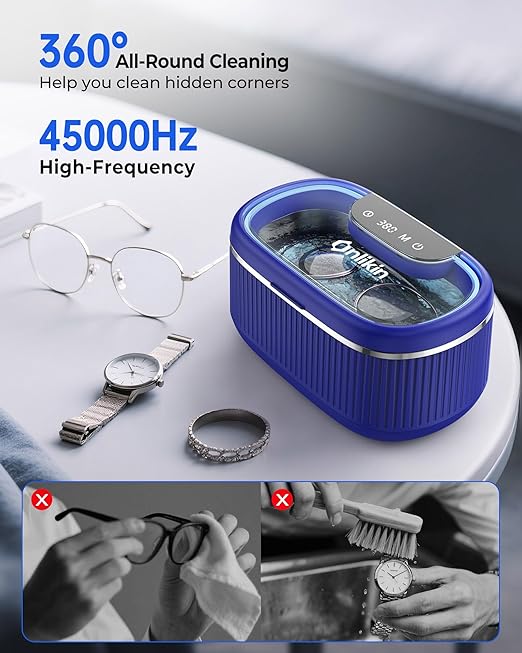45KHz Ultrasonic Jewelry Cleaner, 5 Timer & 3 Power Modes, 35W Retainer Cleaner for Jewelry, Eyeglasses, Rings, Watch Strap, Dentures - Quiet <38dB, 20oz, 304 Stainless Steel (Sapphire blue)