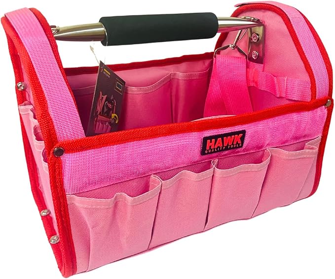 RAVEN 12.5" Pink Tool Carry-All Tool Bag | Premium Canvas with Multi-Pockets | Metal Handle & Rubber Feet | 12.5" x 9.5" x 8" | Best for Tools, Crafts & Supplies