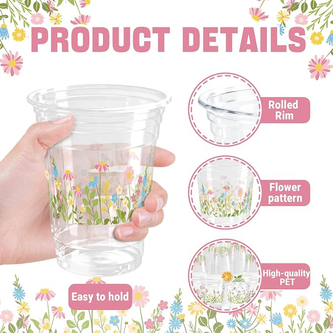 100 Sets Flower Daisy Plastic Cups 12 oz Floral Disposable Cups Spring Daisy Party Favor Drinking Beverage Cup for Baby Shower Birthday Party Supplies