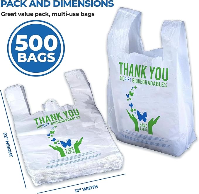 Biorift Thank You Bags | 500 Count Bulk Large T-Shirt Grocery Bags w/Handles, Extra Thick & Durable Shopping Bags for Grocery, Restaurants, Retail Stores & Takeout | 12" x 6.5" x 22" | Made in USA
