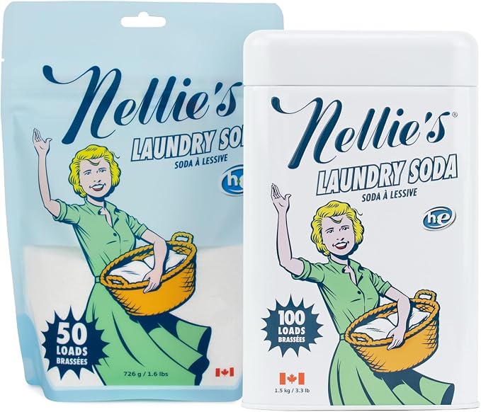 Nellie's Laundry Soda Bundle - 100 Scoops (Tin) & 50 Scoops (Pouch) - Concentrated & Septic Safe Formula - Safe for HE and Standard Washing Machines - Ideal for Sensitive Skin - Made in Canada