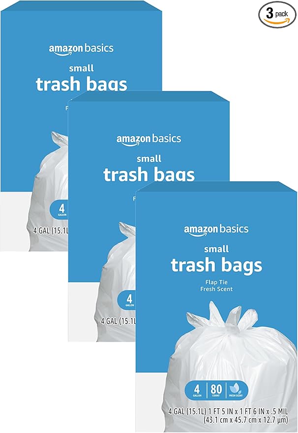 Amazon Basics Trash Bags, 4 Gallon, 80 Count (Pack of 3) | Flap Ties | Fresh Scent