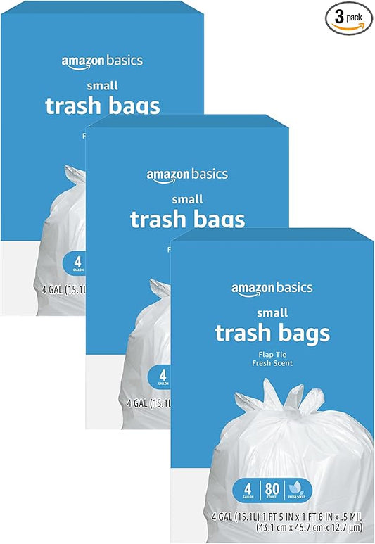Amazon Basics Trash Bags, 4 Gallon, 80 Count (Pack of 3) | Flap Ties | Fresh Scent