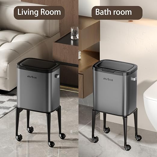 MRBIN Metal Kitchen Trash Can with Wheel Legs, 23L / 6.1gal Medium Press Lid Slim Removable Waste Basket, Pet Proof Tall Narrow Garbage Pail for Vanity, Bedroom, Bathroom, Living Room, Eclipse Grey