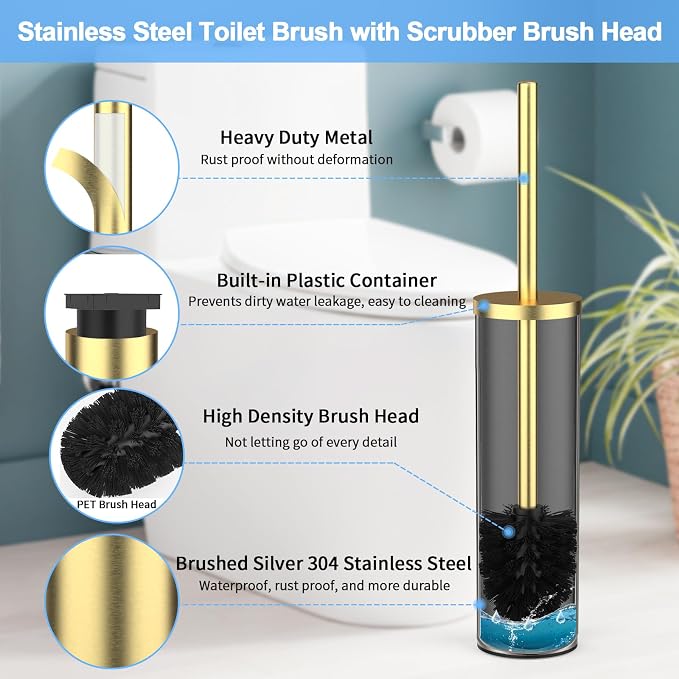 Stainless Steel Toilet Brush and Holder Set Brushed Silver Heavy Duty Toilet Bowl Brush with Long Handle for Bathroom and Farmhouse (Gold)