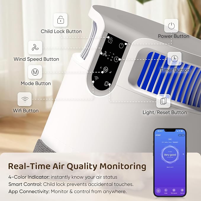 Greesum Pet Air Purifier for Cats, 320m³/h CADR Smart Air Cleaner with Cat Scratcher & Catnip Ball, 4-Color PM2.5 Indicator, App Control, Child Lock, Washable Body, Odor & Pet Hair Removal for Home