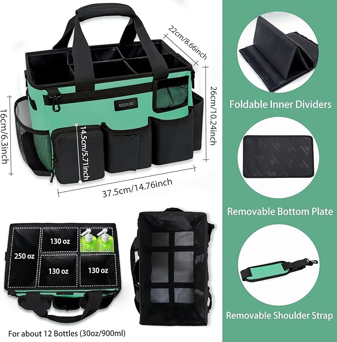 Wearable Cleaning Caddy Bag,Cleaning Supply Tote for Cleaning Supplies, Cleaning Organizer with Adjustable Shoulder and Waist Straps for Cleaners Housekeepers (Lake Green and Black, Large)