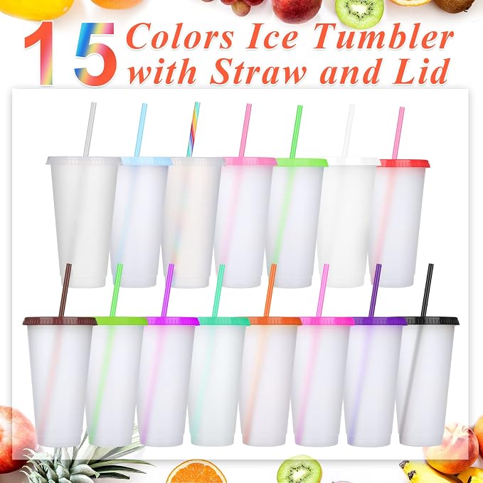 Honeydak 15 Pack Tumbler with Straw and Lid Bulk Cups for Gifts Water Bottle Iced Coffee Travel Mug Cup Reusable Plastic Tumblers for Party Birthdays 24-27 oz (Pretty Color)
