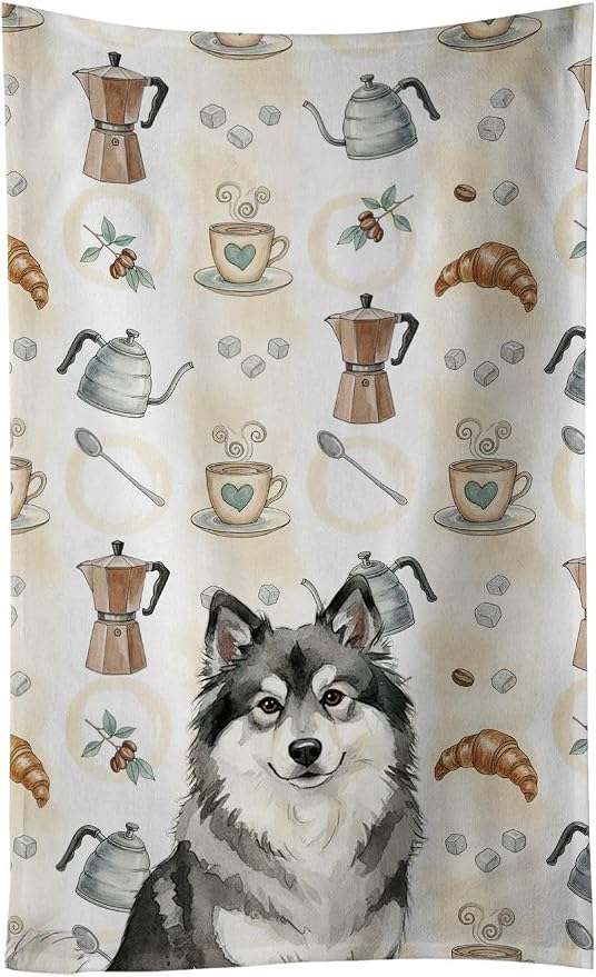 Caroline's Treasures Keeshond Coffee Bar Kitchen Towel Velour Plush Front and Cotton Loop Back Machine Washable